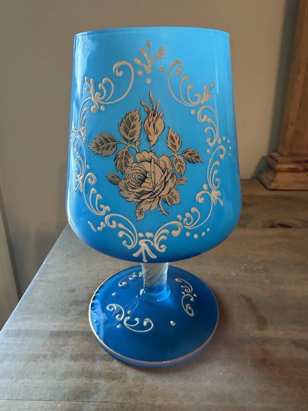 Vintage Empoli Blue Satin Art Glass Snifter Vase With Hand Painted Enamel 8.5”T